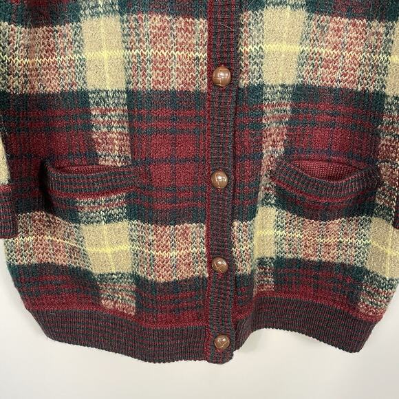 VTG 80s Grandpa Sweater Cardigan Size L Burgundy Plaid Wool Blend Leather Button - Picture 8 of 11